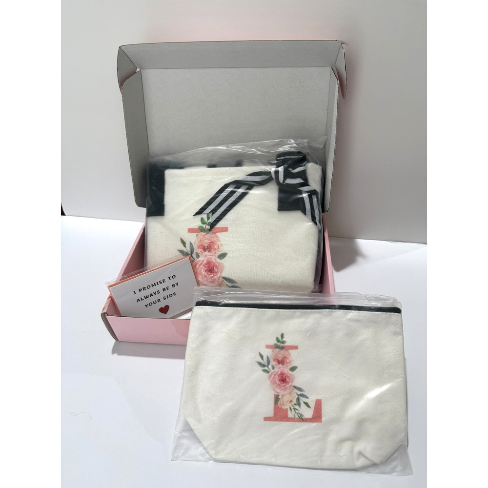 Floral Monogram “L” Tote & Toiletry Bag Gift Box Set New TRSODD